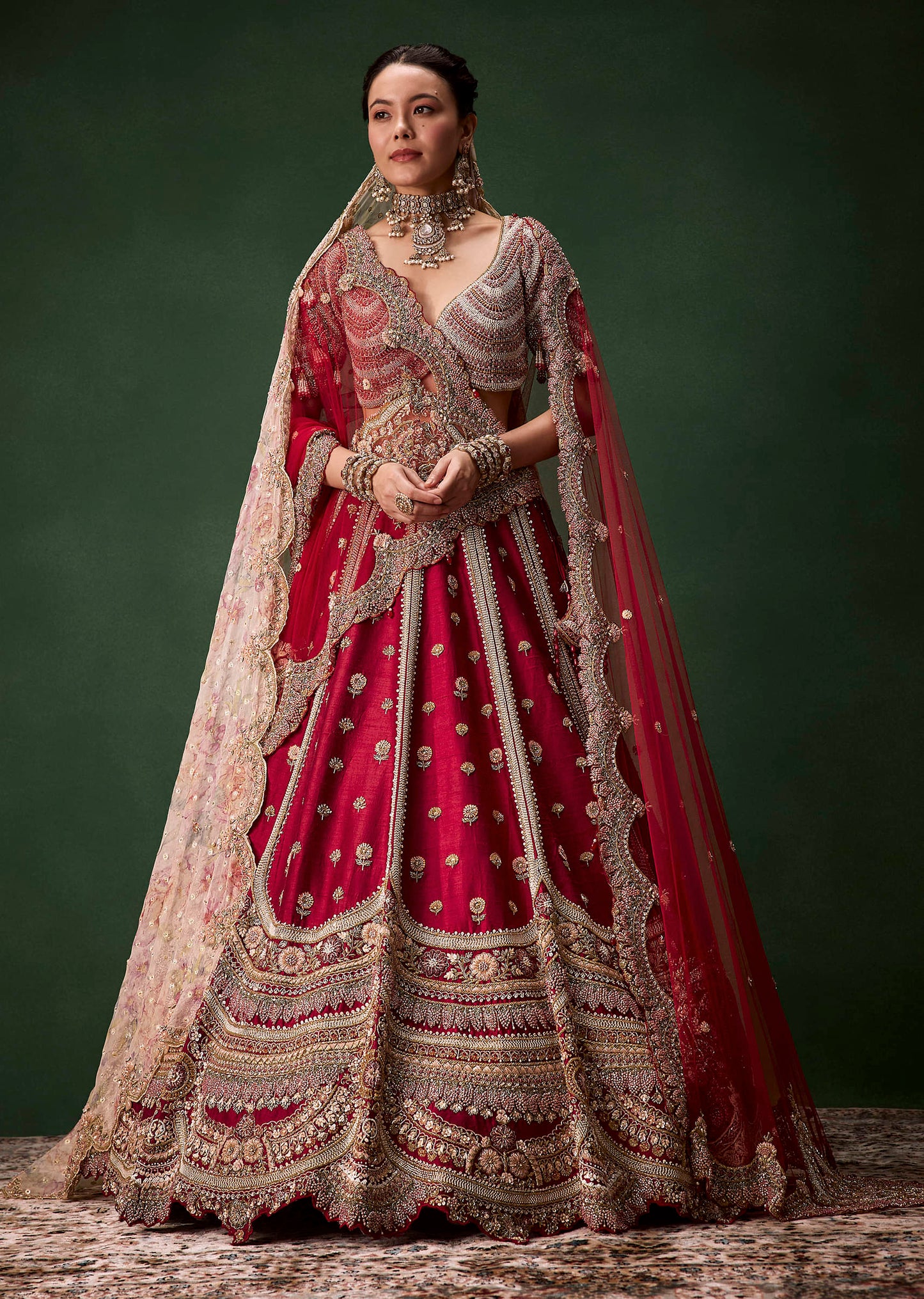 Red Bridal Raw Silk Patchwork Lehenga Set With Two Dupattas