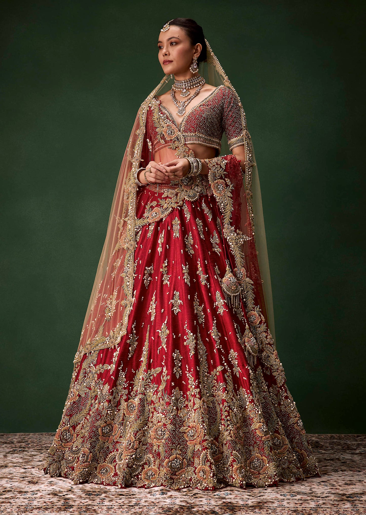 Red Bridal Sequin Silk Lehenga Set With Two Dupattas