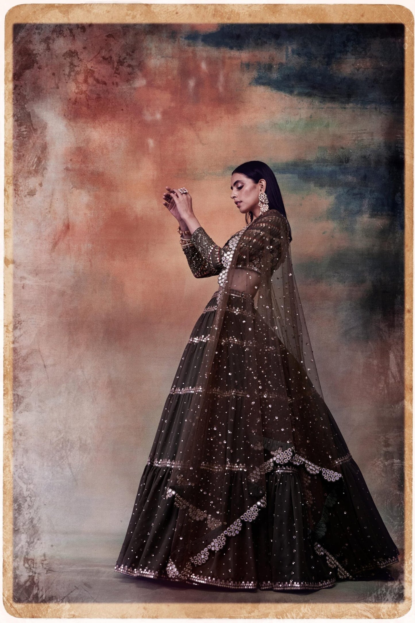 Olive Green Tier Lehenga Set