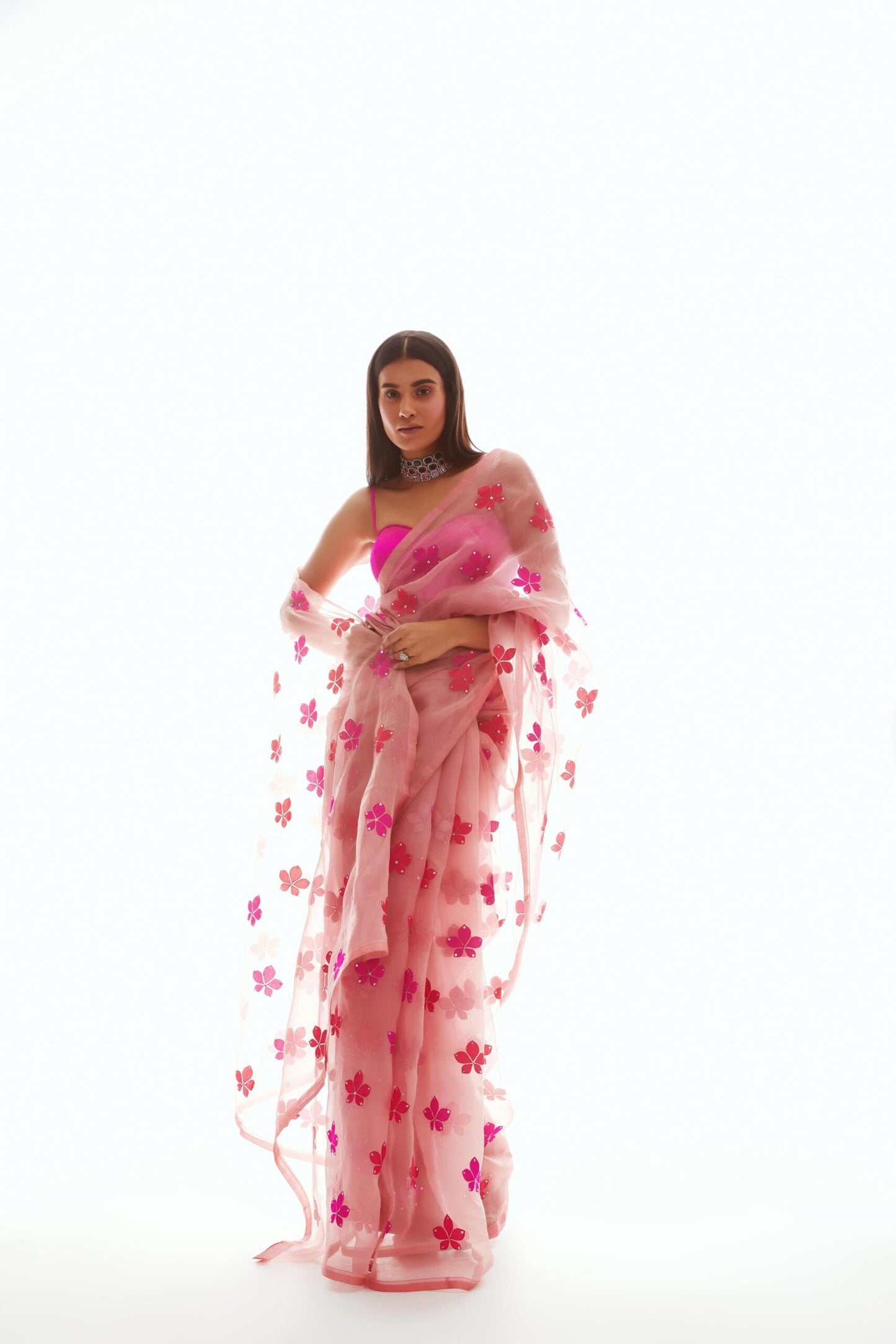Dusty Rose Applique Organza Saree Set