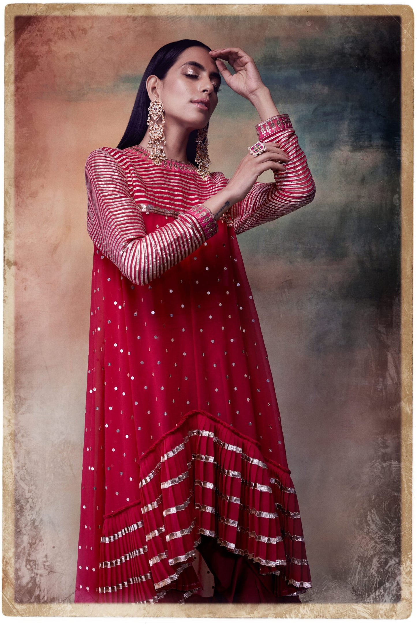Crimson Red High Low Kurta Dhoti Set