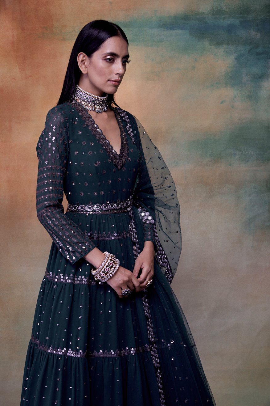 Dark Teal Green Tier Anarkali