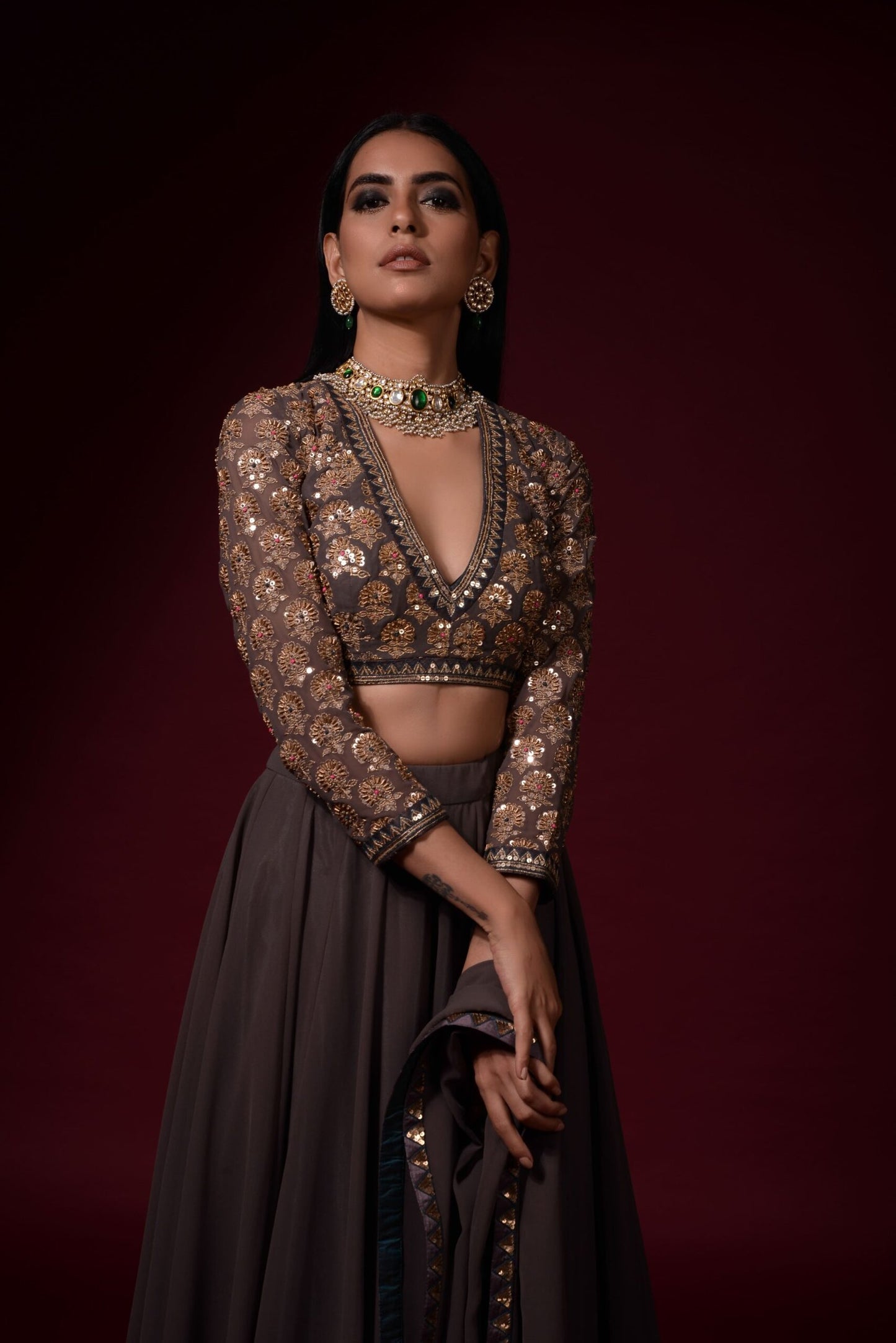 Charcoal Grey Lehenga Pant Set