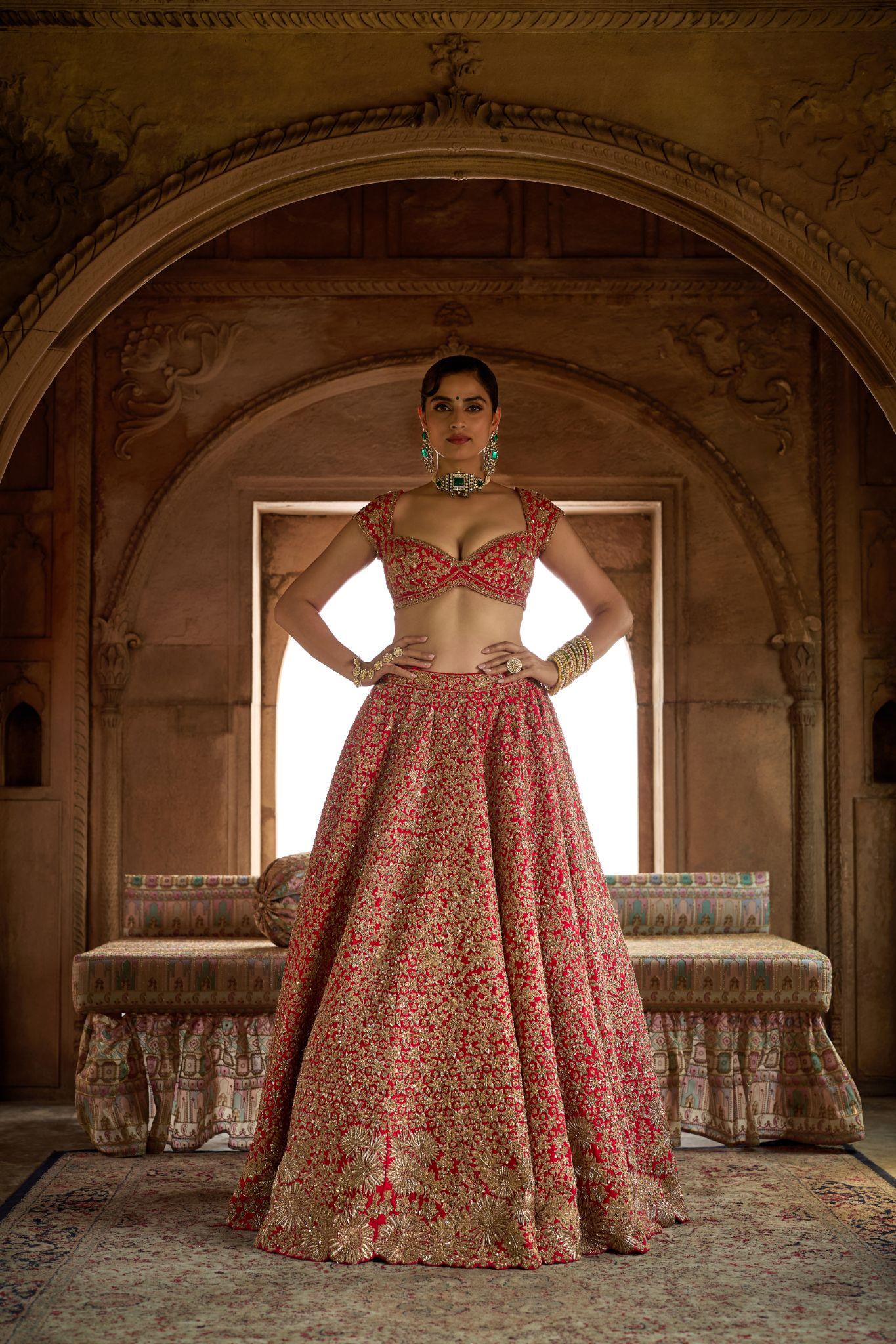 Red Raw Silk Zari Hand & Machine Embroidered Lehenga Set