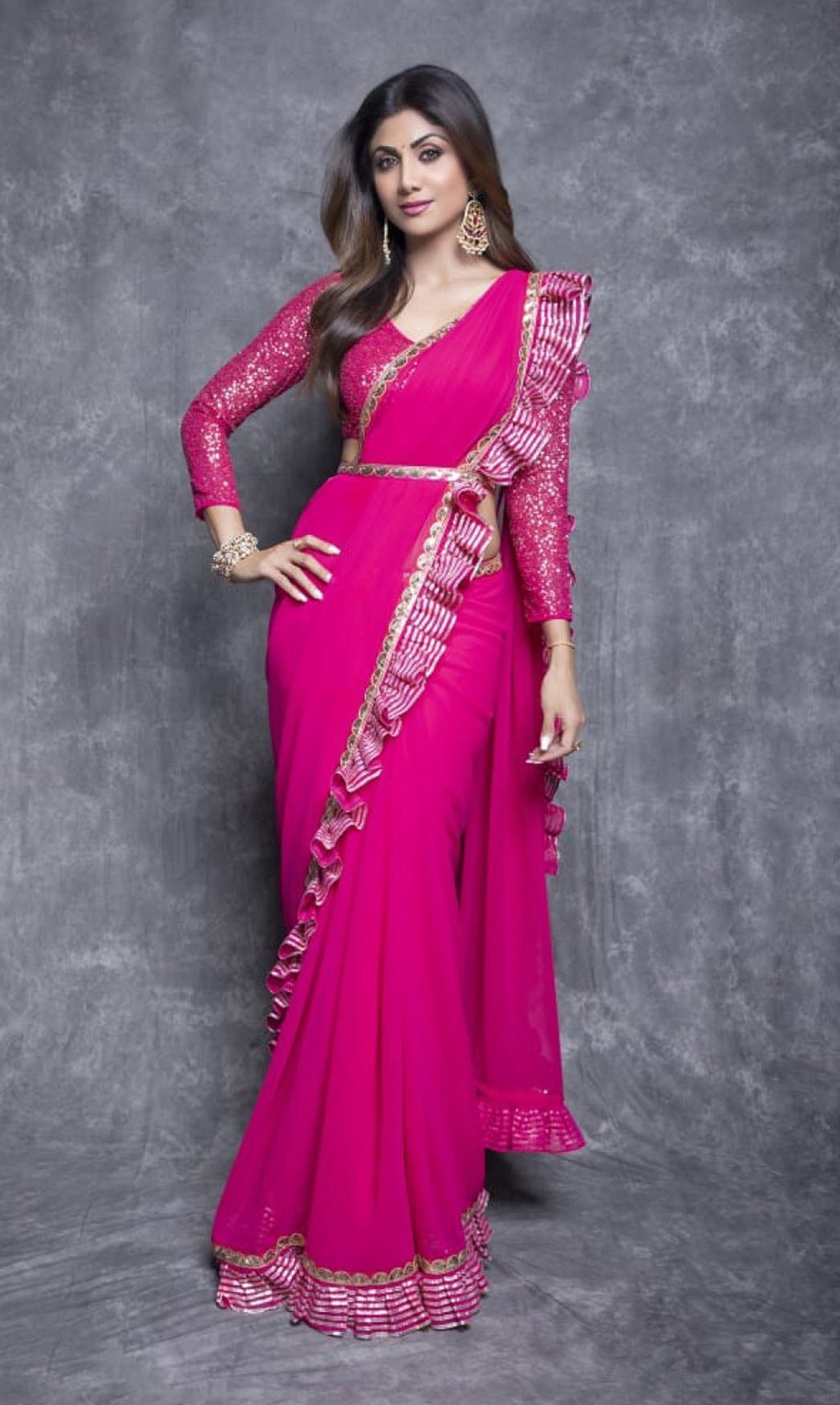 SHILPA SHETTY In Fuschia Pink Ruffle saree set