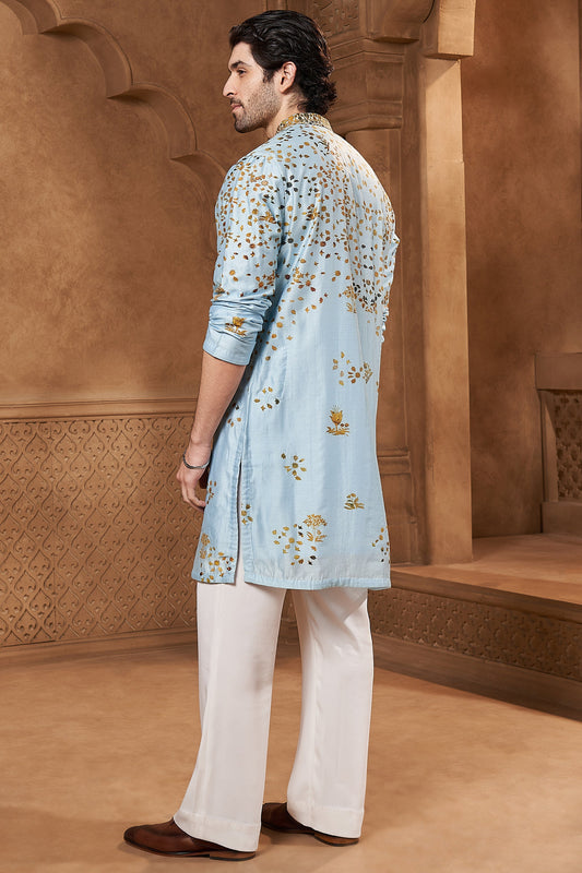 Sky Blue Chanderi Appliqué Kurta Set