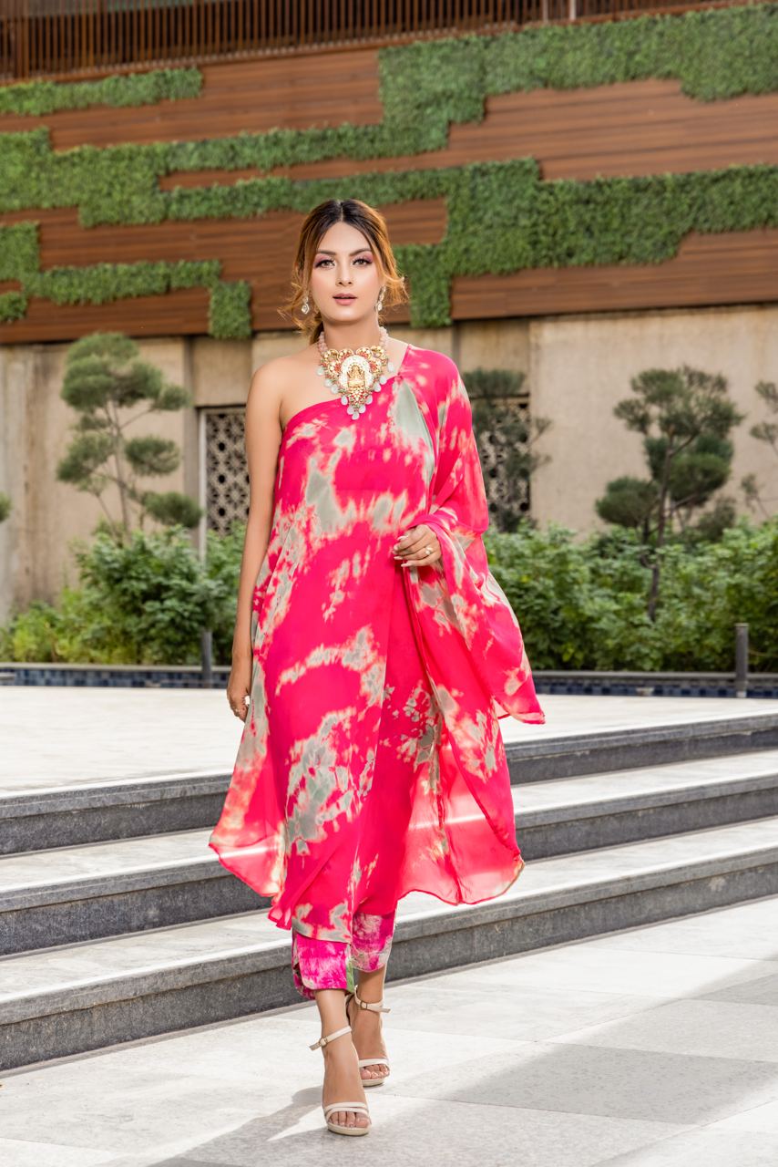 Tie and dye kaftan cape with bustier and pants