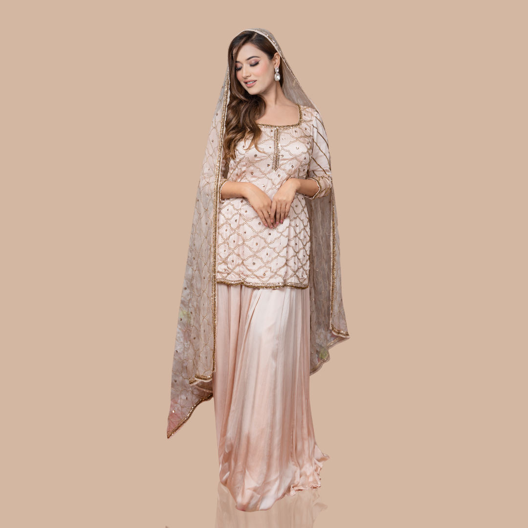 Golden beige kurta with skirt and dupatta