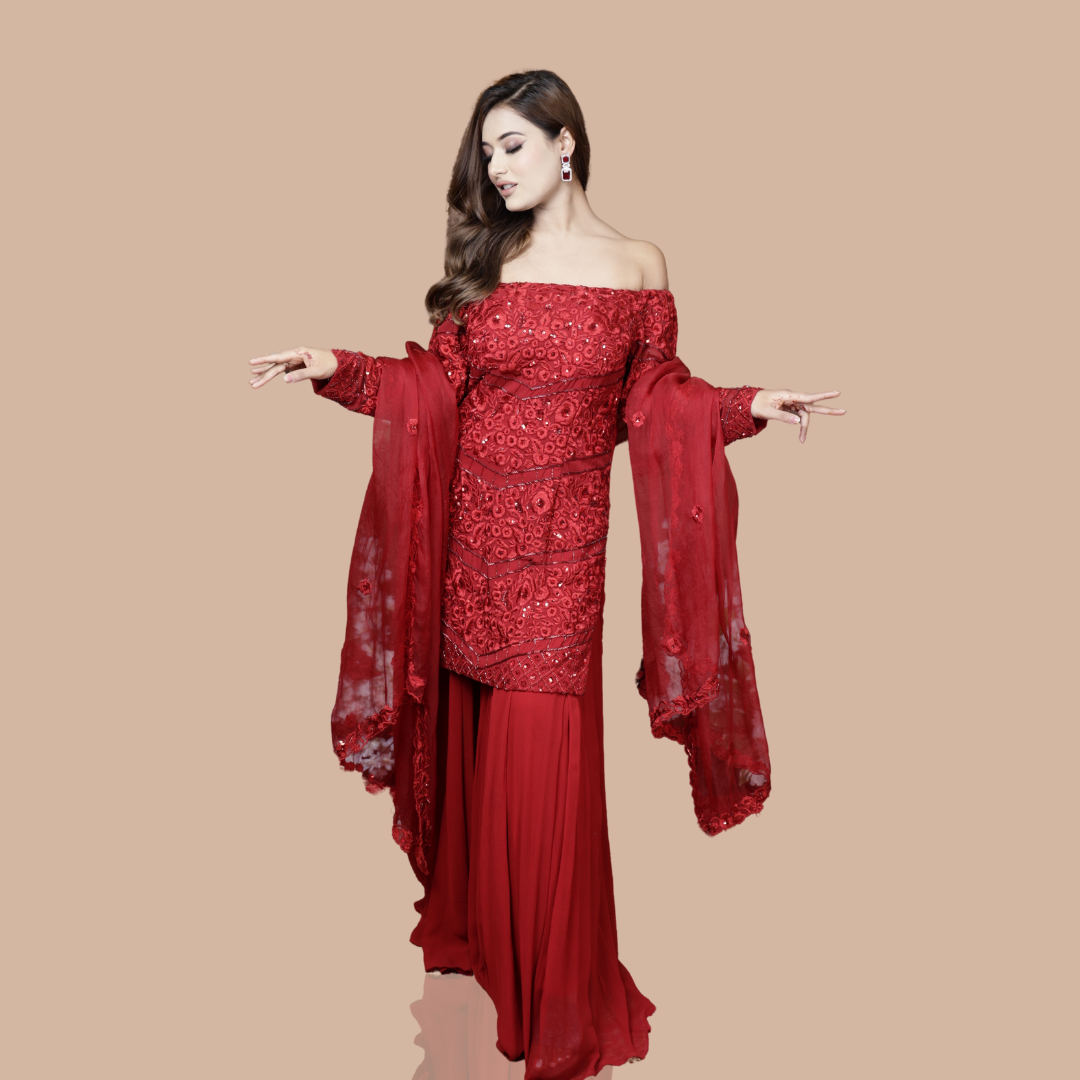 Red hand embroidered kurta with sharara and dupatta