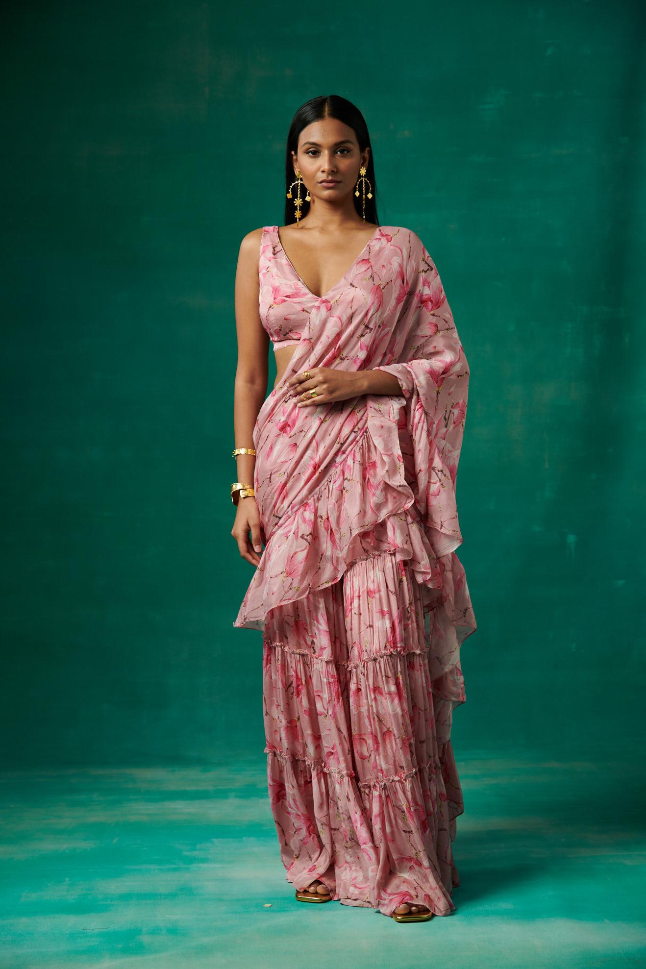 Pink tulip printed garara with attached drape and plunge V neck blouse