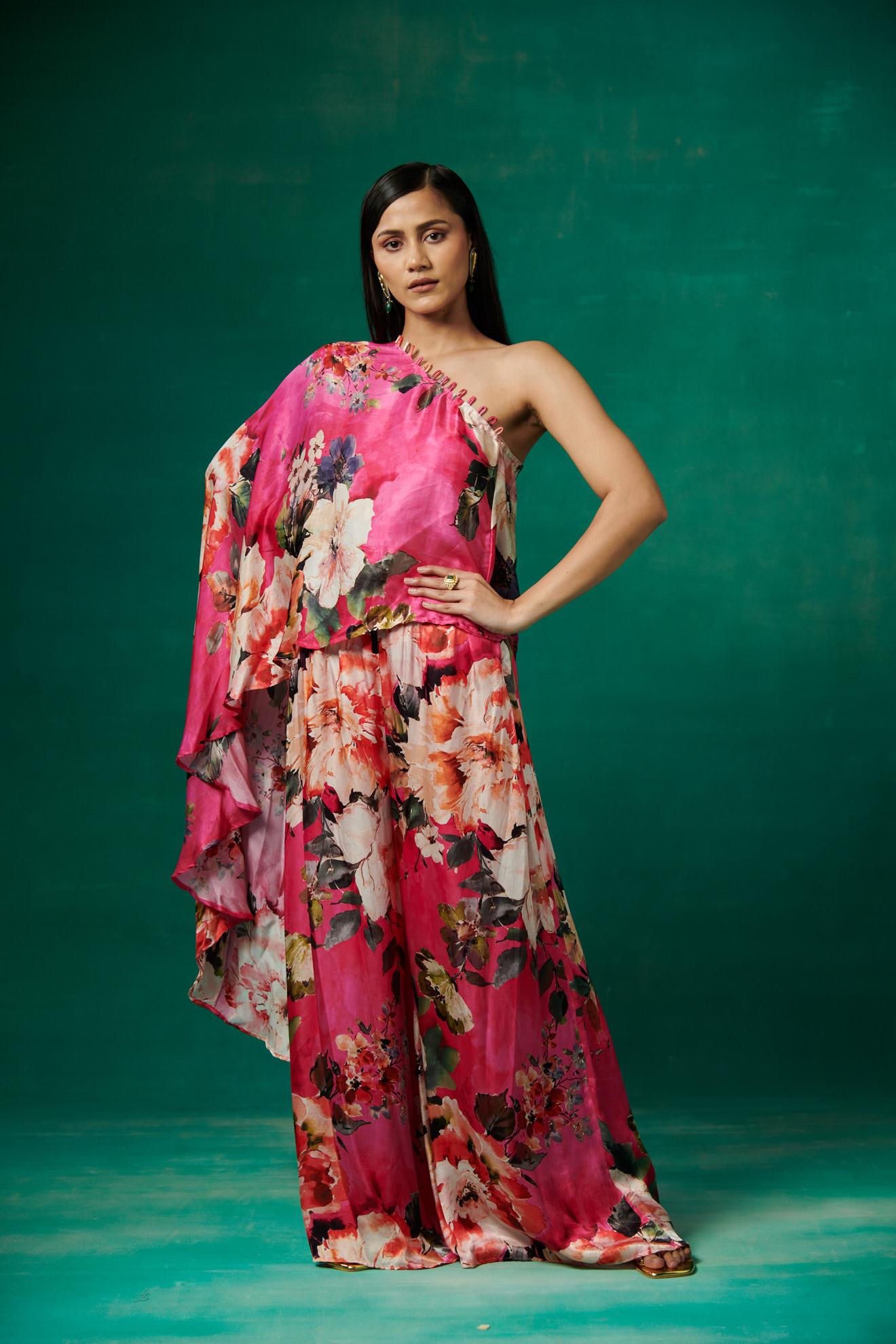 Pink floral print high low cape with pants