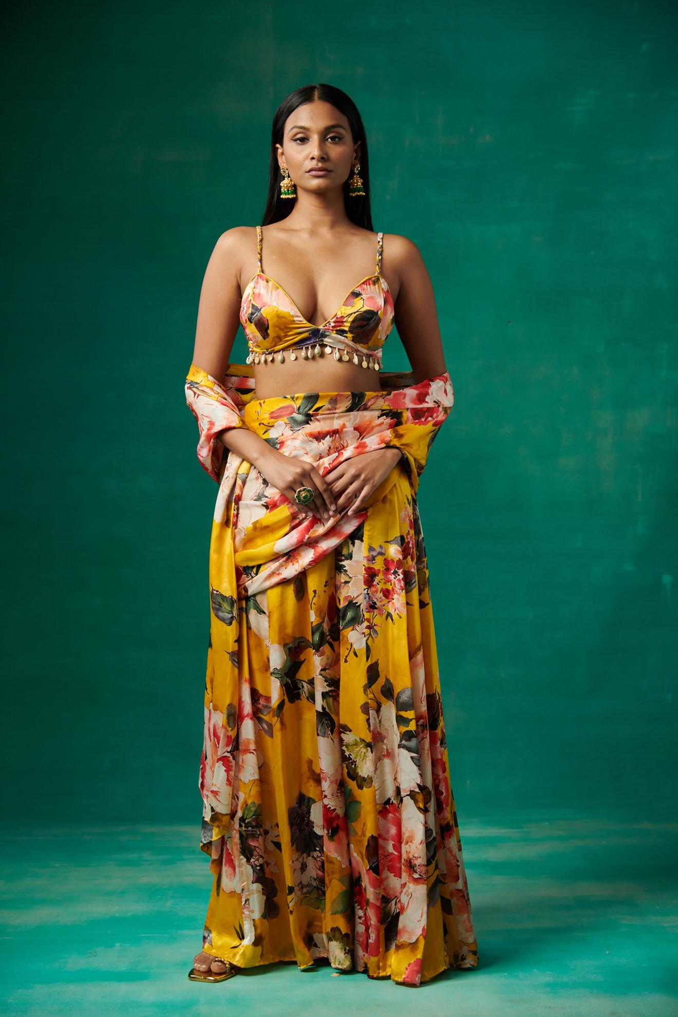 Surajmukhi' Yellow floral print blouse with flared sharara and drape attached to it
