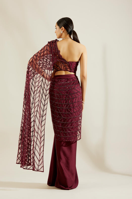 Wine Heavy Crystal Drape Saree