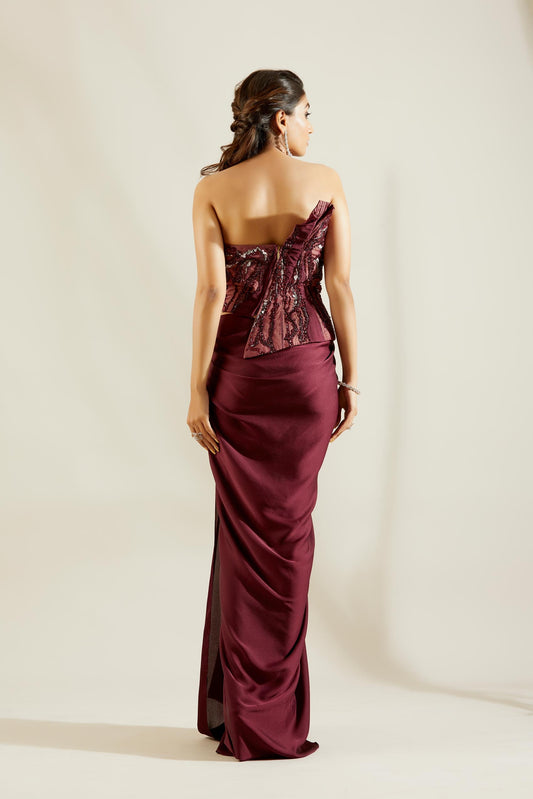 Sculpted Wine Corset Saree