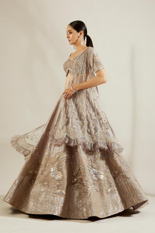 Abalone Grey Gold Floral Lehenga