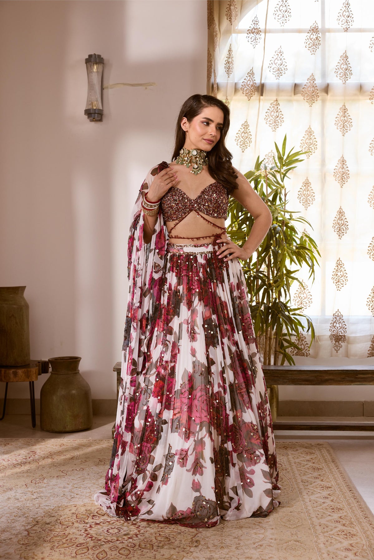 WHITE & PINK CHIFFON FLORAL LEHENGA