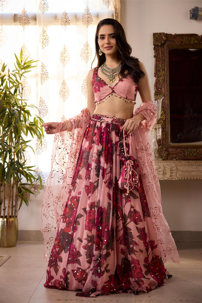 PEACH PINK CHIFFON FLORAL LEHENGA