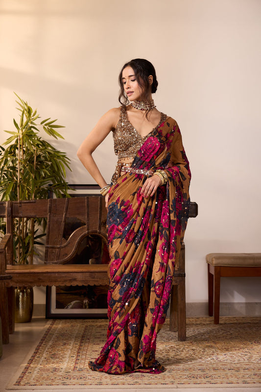 DARK MUSTARD CHIFFON FLORAL SAREE SET