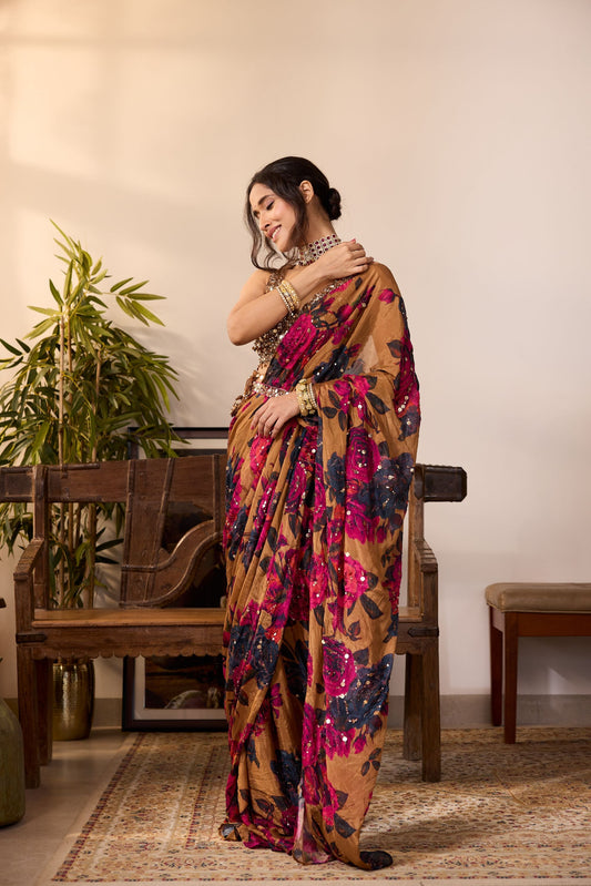 DARK MUSTARD CHIFFON FLORAL SAREE SET