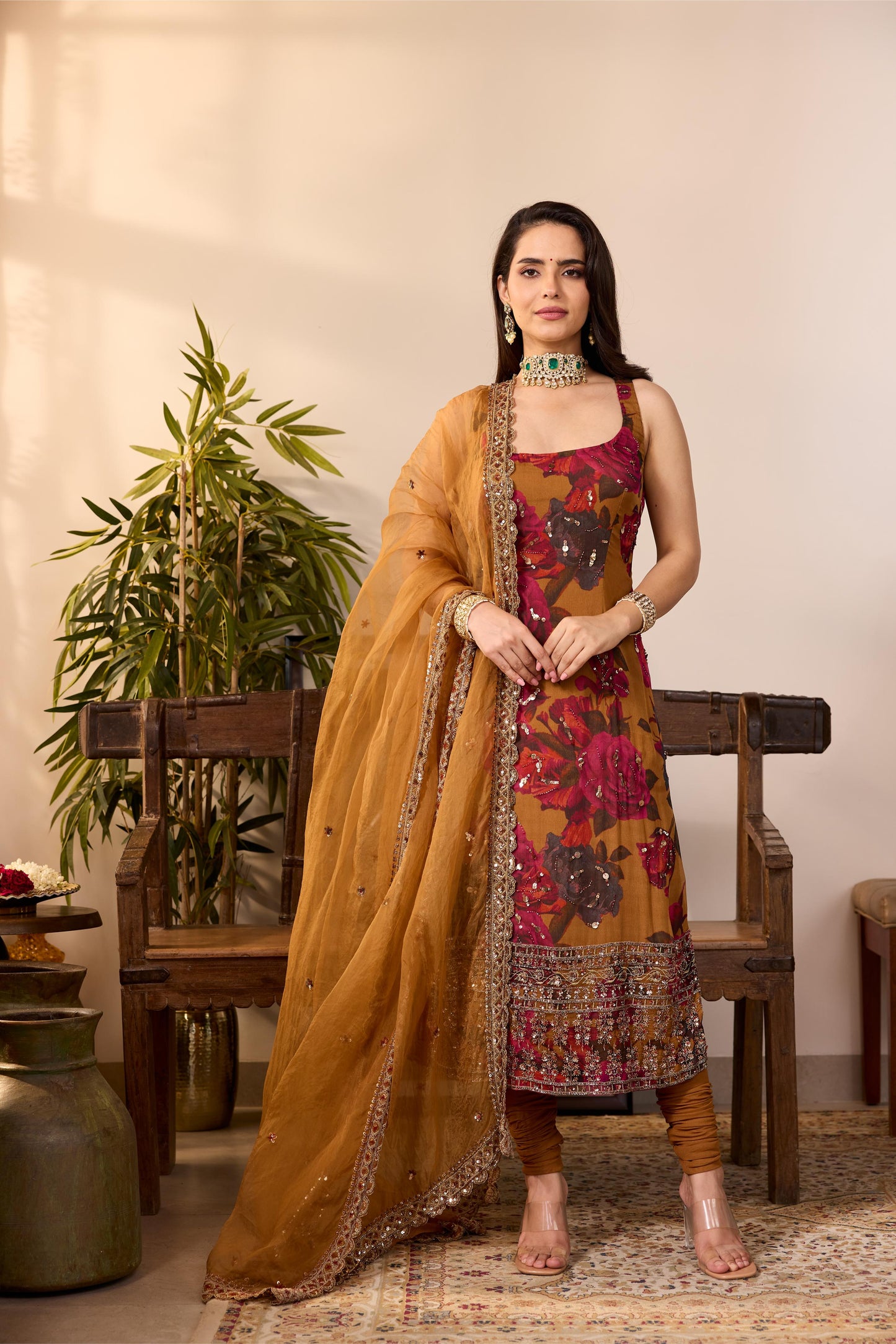 DARK MUSTARD CHIFFON FLORAL KURTI