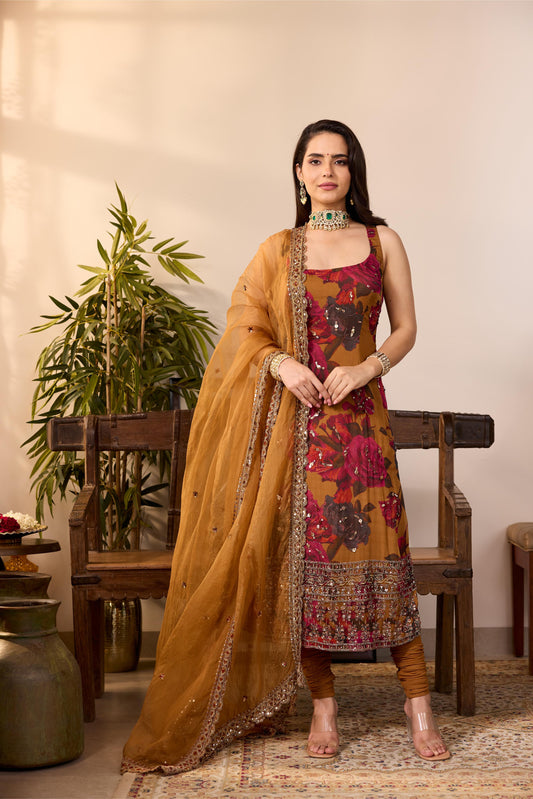 DARK MUSTARD CHIFFON FLORAL KURTI