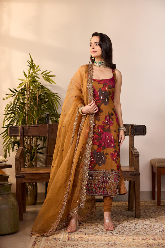 DARK MUSTARD CHIFFON FLORAL KURTI