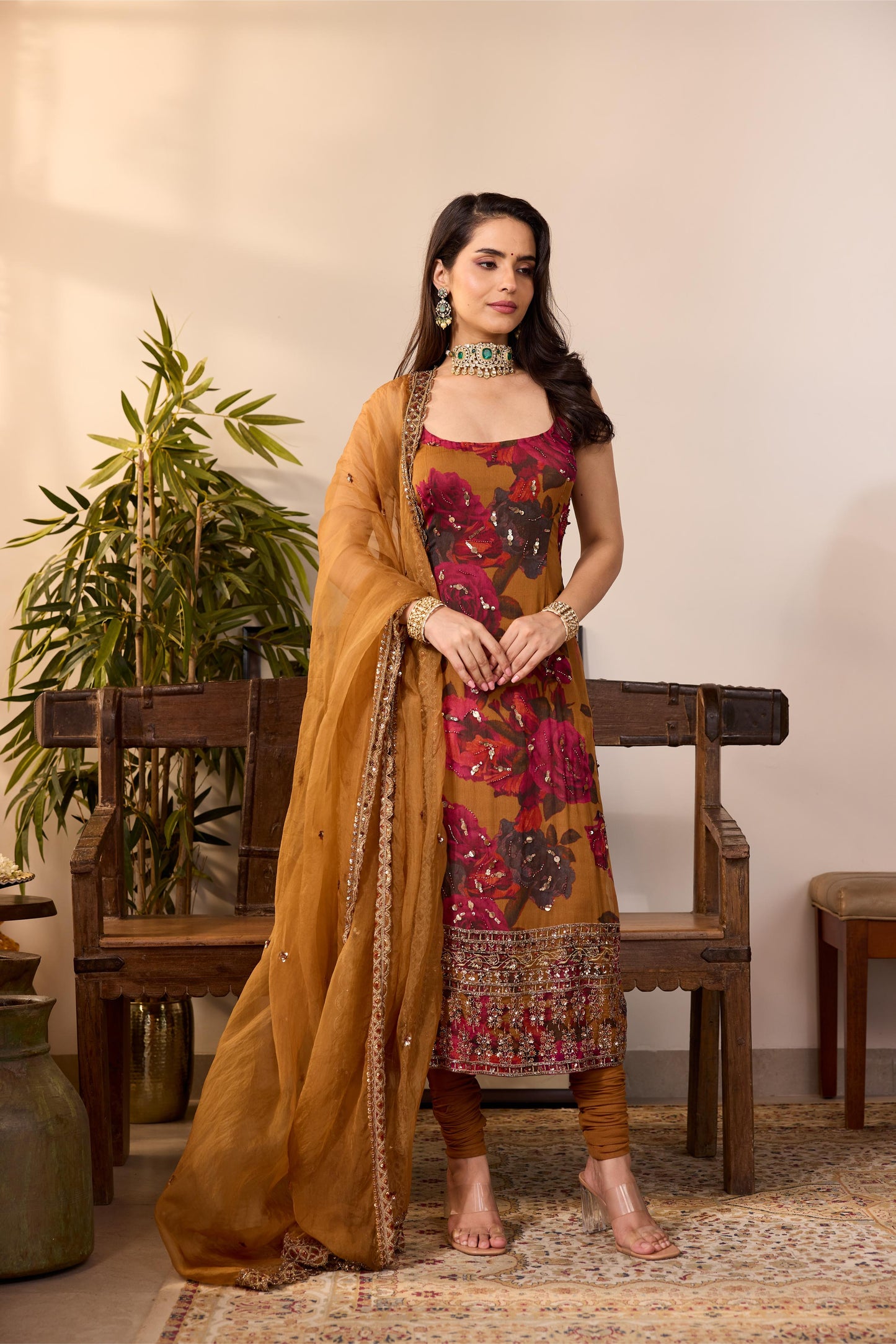 DARK MUSTARD CHIFFON FLORAL KURTI
