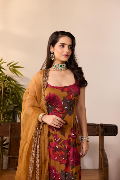 DARK MUSTARD CHIFFON FLORAL KURTI