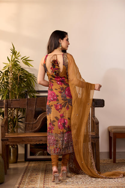 DARK MUSTARD CHIFFON FLORAL KURTI