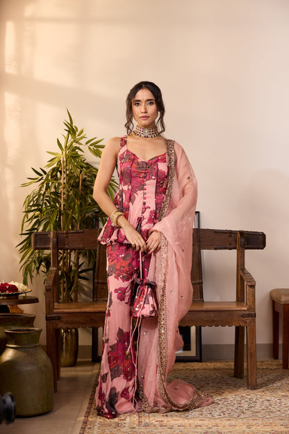 LILAC CHIFFON FLORAL A-LINE SHORT KURTA & PANTS