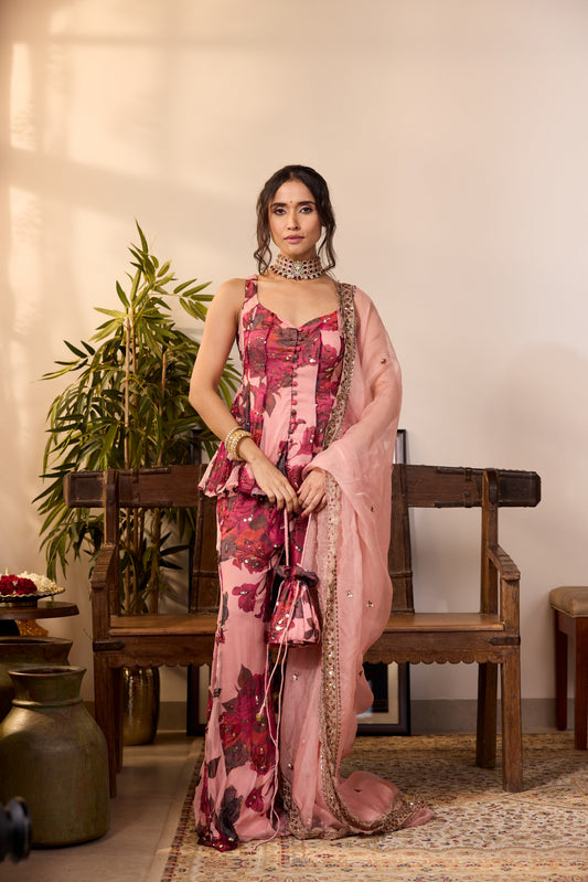 LILAC CHIFFON FLORAL A-LINE SHORT KURTA & PANTS