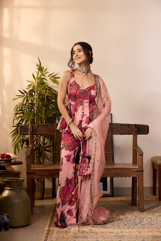 LILAC CHIFFON FLORAL A-LINE SHORT KURTA & PANTS