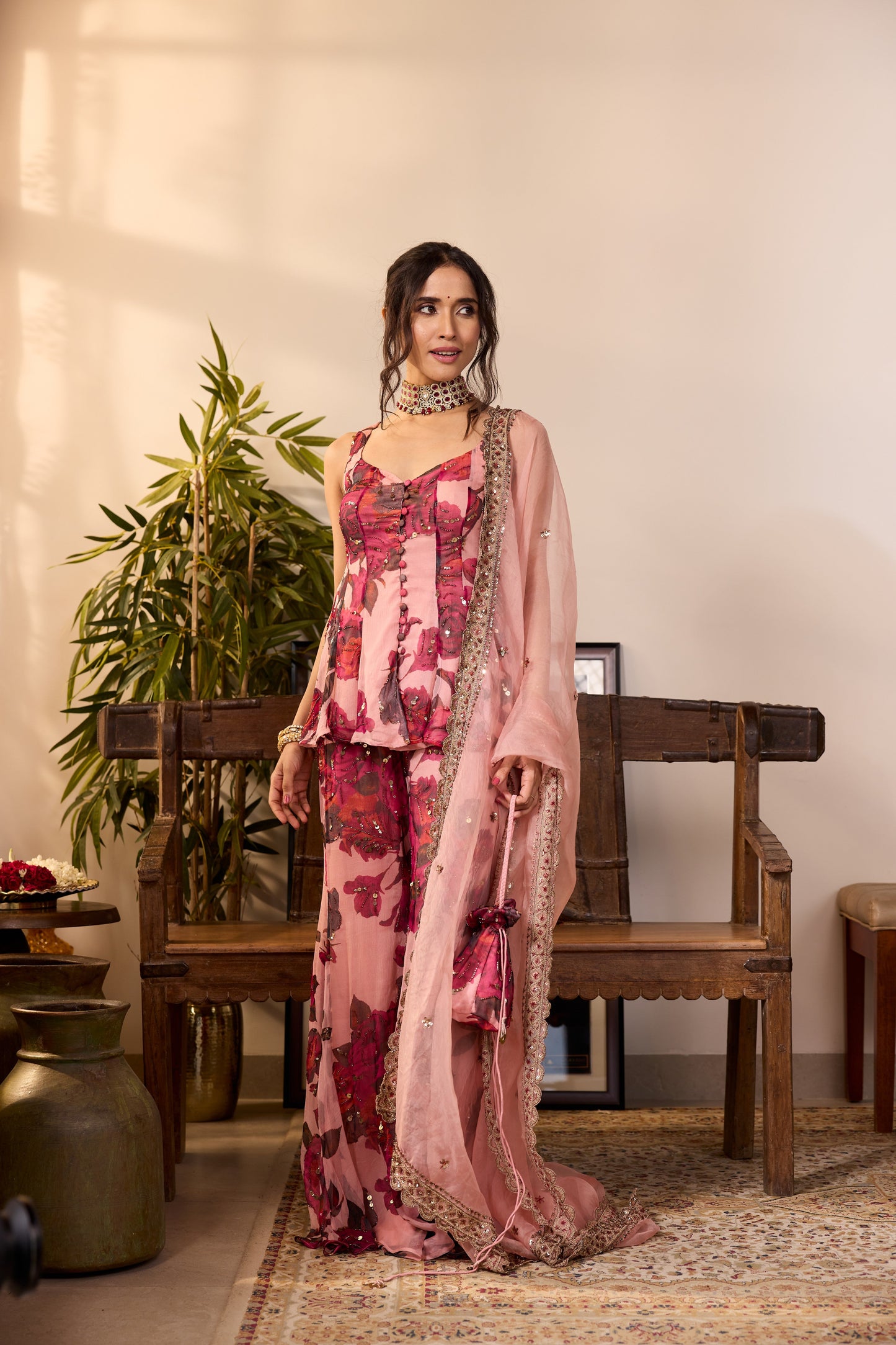 LILAC CHIFFON FLORAL A-LINE SHORT KURTA & PANTS