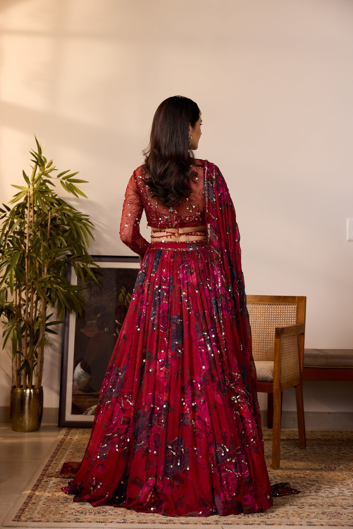 DEEP RED CHIFFON FLORAL LEHENGA