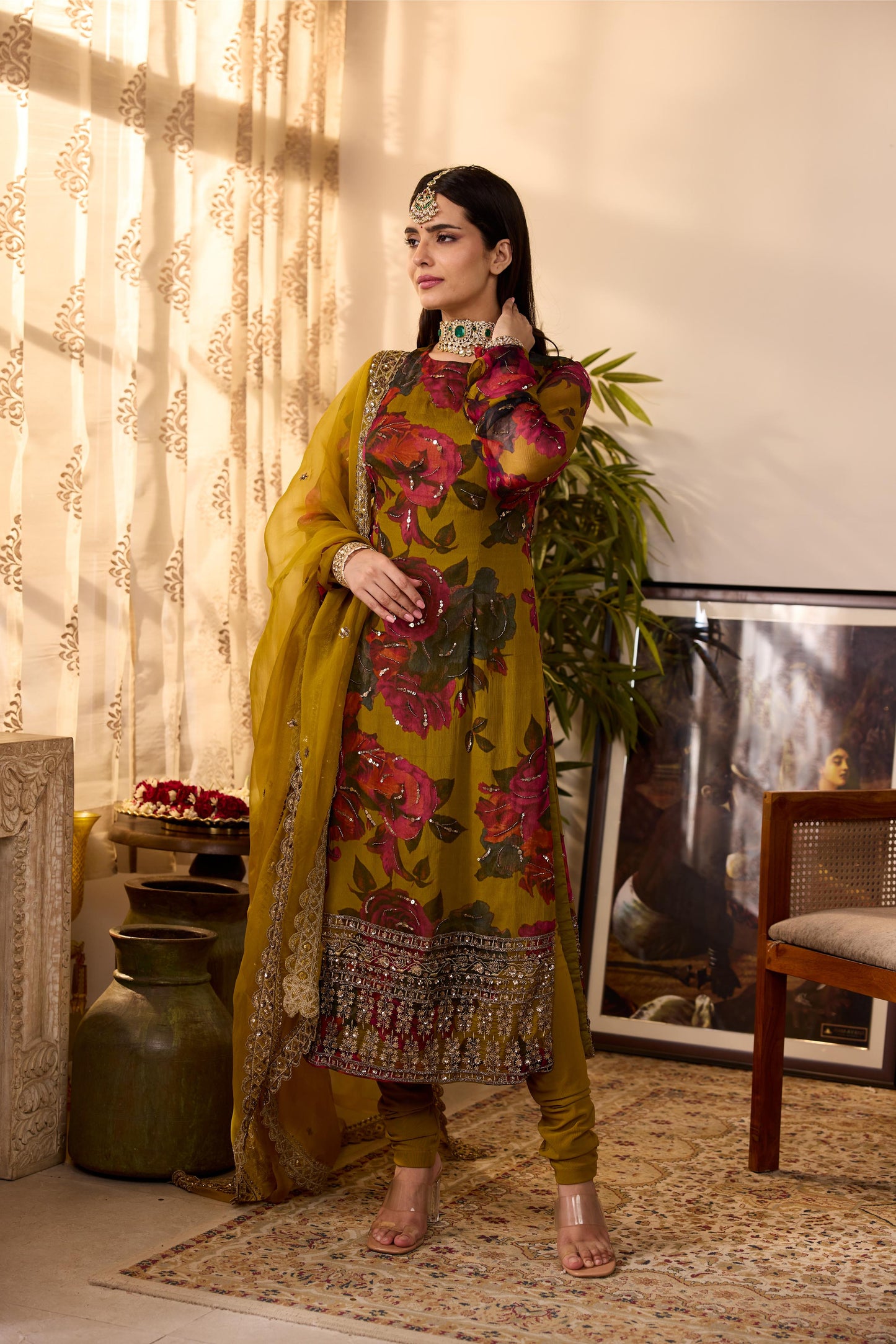 MUSTARD CHIFFON FLORAL  KURTI