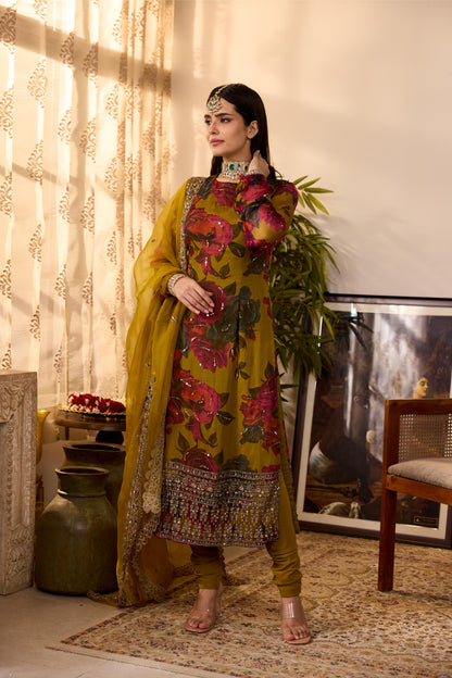 MUSTARD CHIFFON FLORAL  KURTI
