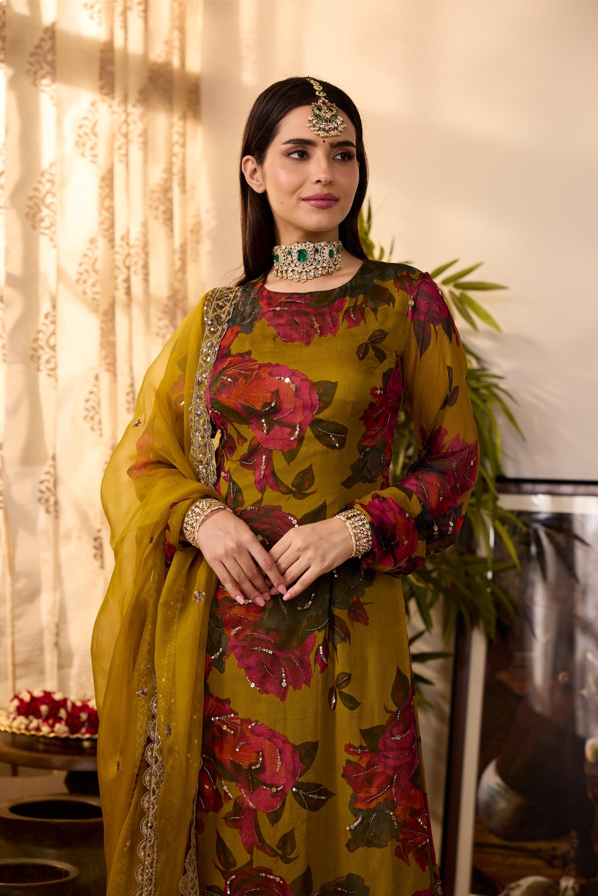 MUSTARD CHIFFON FLORAL  KURTI