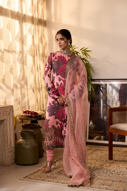 PEACH PINK CHIFFON FLORAL KURTI