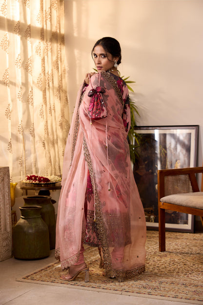 PEACH PINK CHIFFON FLORAL KURTI