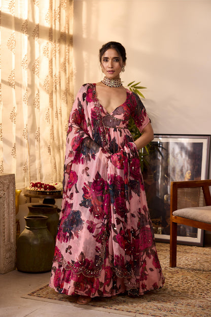 PEACH PINK CHIFFON FLORAL ANARKALI