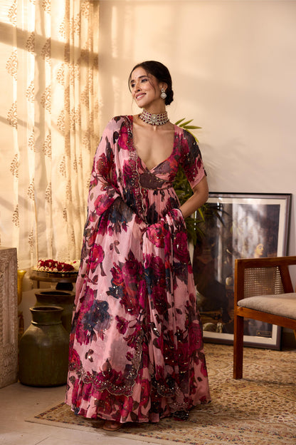 PEACH PINK CHIFFON FLORAL ANARKALI