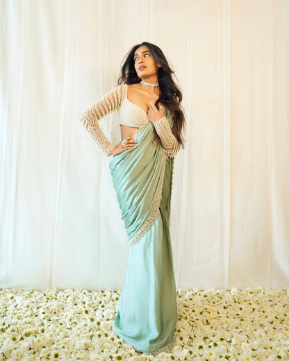 NIHARIKA NM In Powder Mint Green Chandelier Drop Saree Set