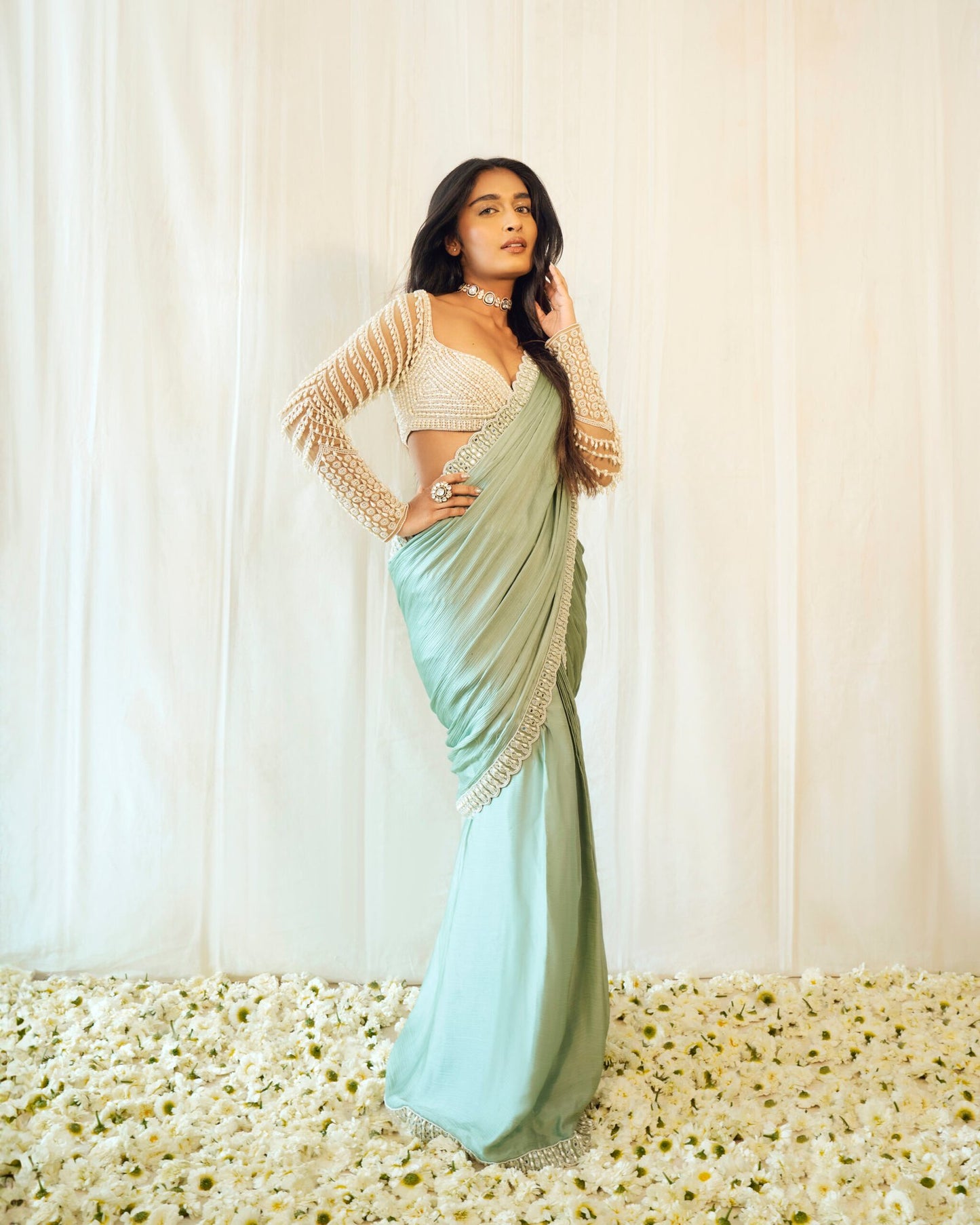 NIHARIKA NM In Powder Mint Green Chandelier Drop Saree Set