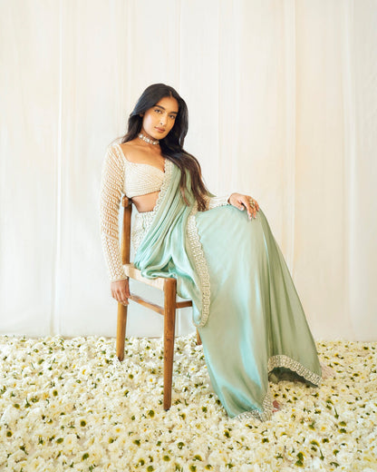 NIHARIKA NM In Powder Mint Green Chandelier Drop Saree Set