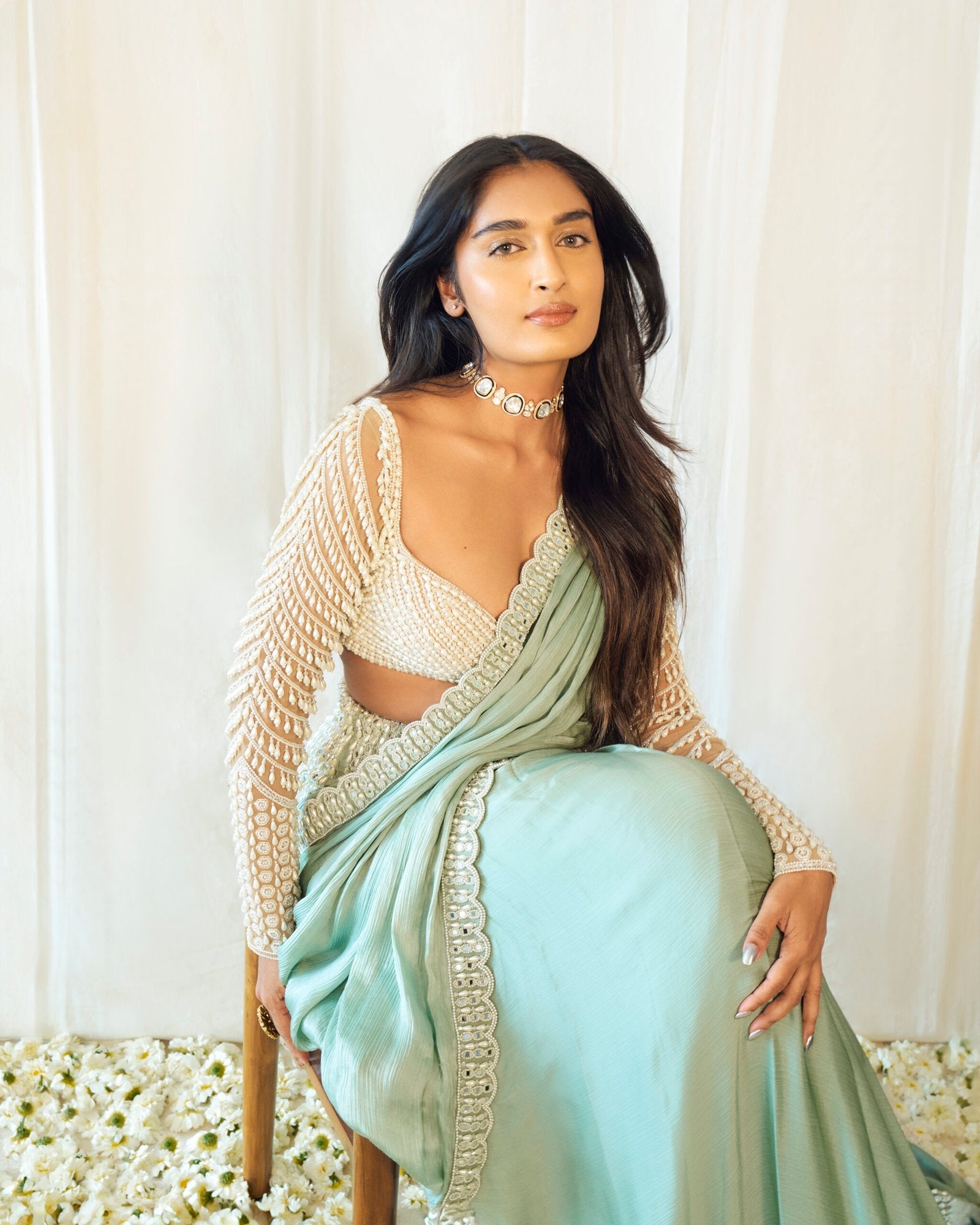 NIHARIKA NM In Powder Mint Green Chandelier Drop Saree Set