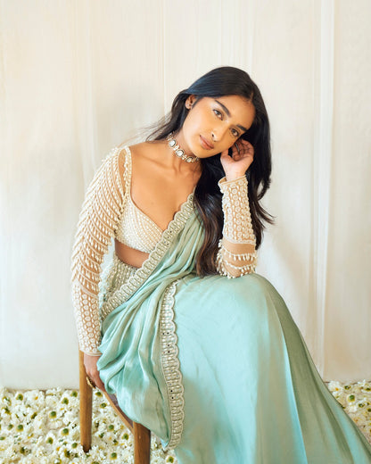 NIHARIKA NM In Powder Mint Green Chandelier Drop Saree Set