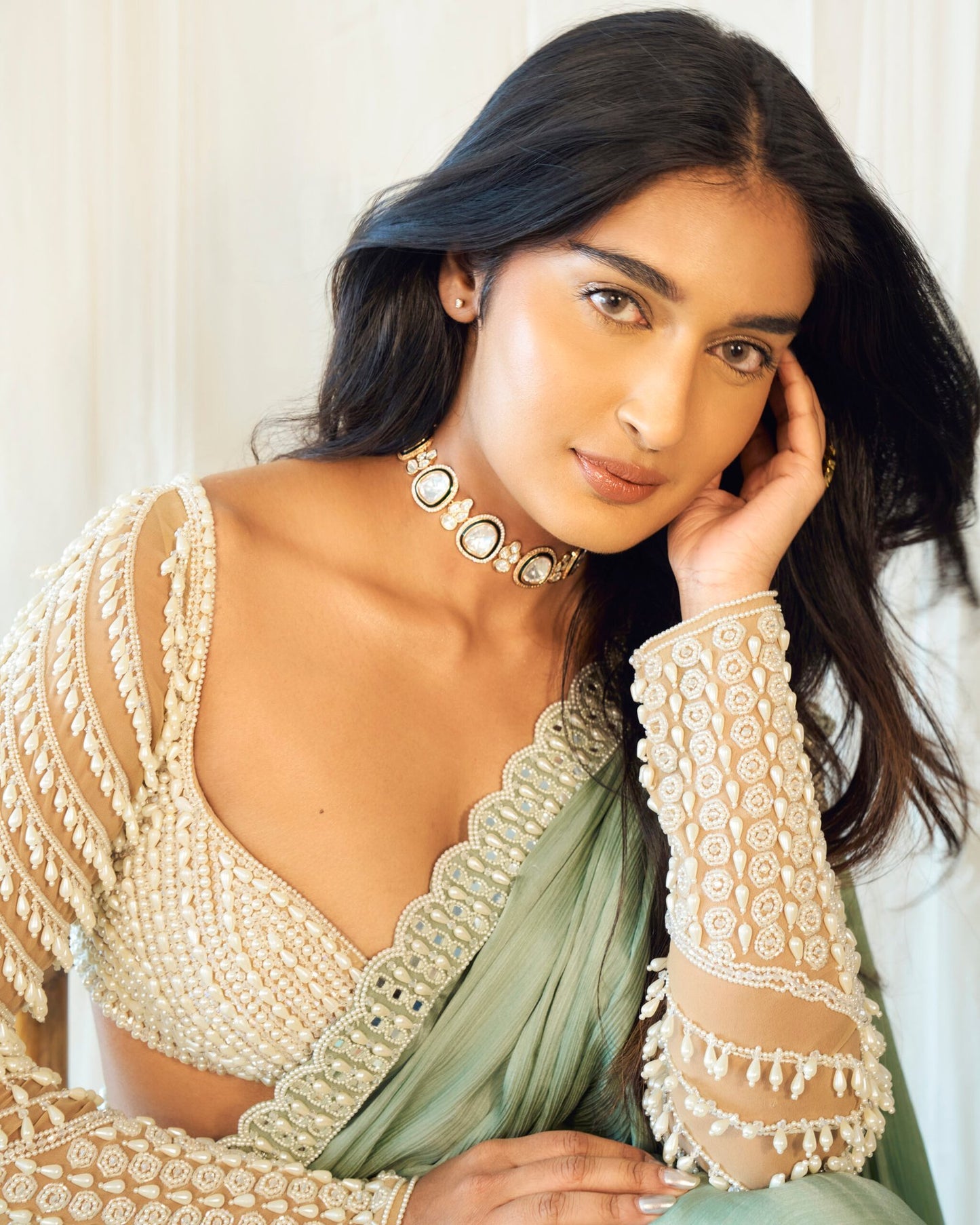 NIHARIKA NM In Powder Mint Green Chandelier Drop Saree Set
