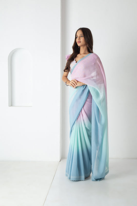 Maliah Saree Powder Blue-Aqua-Electric Lavender