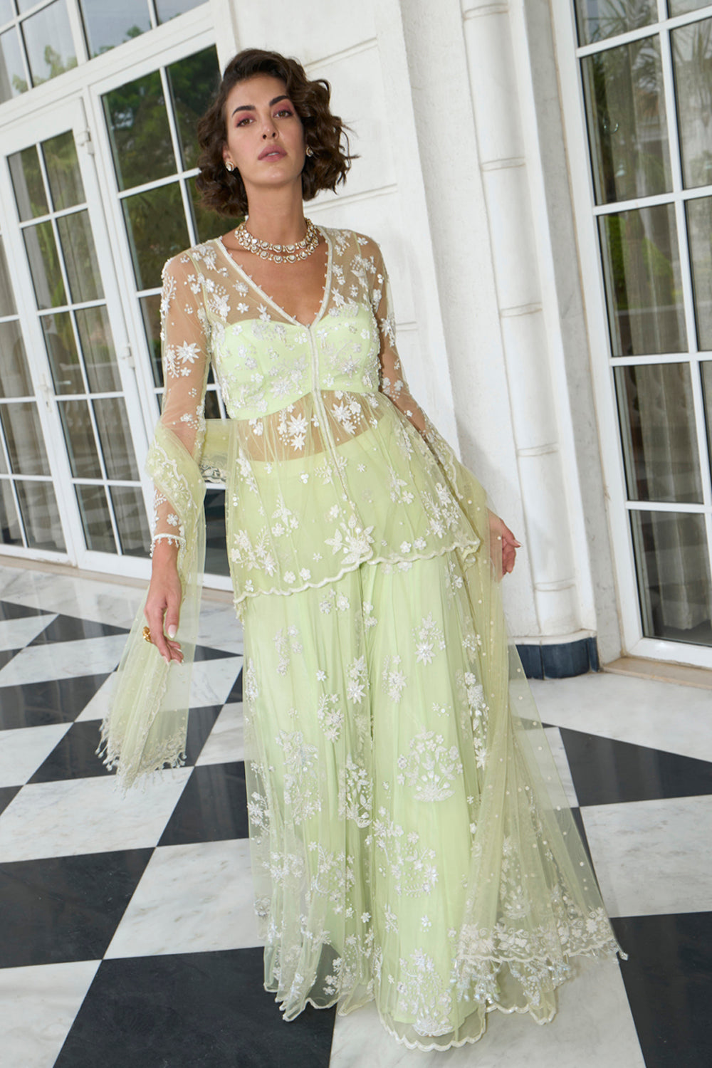 Lime Green Net Peplum Sharara Set
