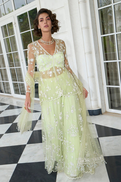 Lime Green Net Peplum Sharara Set